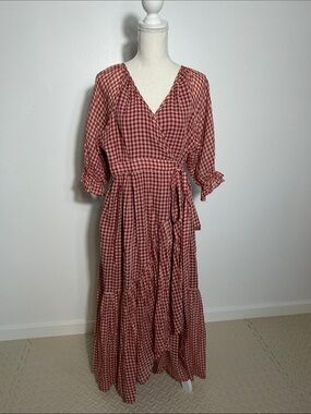Khara Kapas Red Gingham Cotton Wrap Maxi Dress - Feminine Tie Waist XL